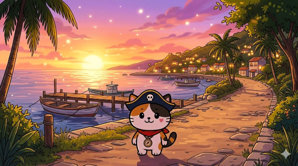 港の道を歩くココロ船長