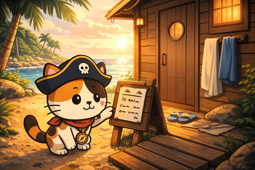 離島サウナを見渡すココロ船長