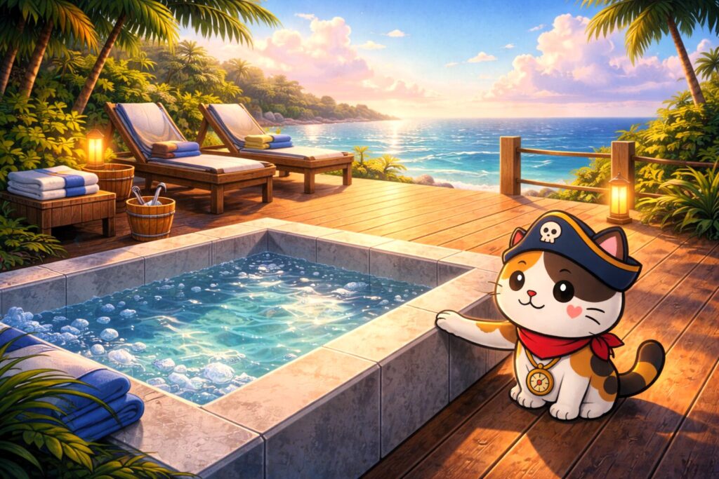 水風呂を確かめるココロ船長