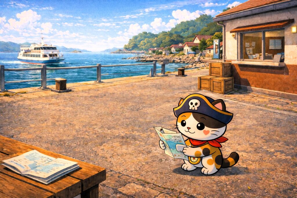 港で地図を見るココロ船長