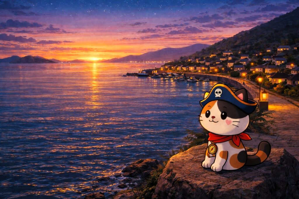夕景を眺めるココロ船長