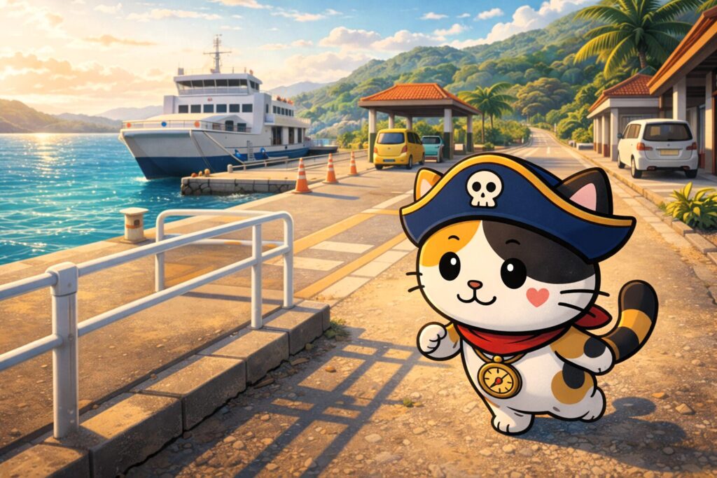 港で移動手段を確かめるココロ船長