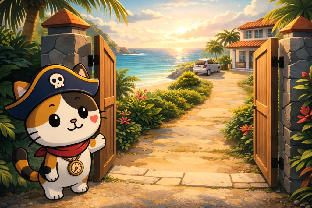 ヴィラ入口を確認するココロ船長