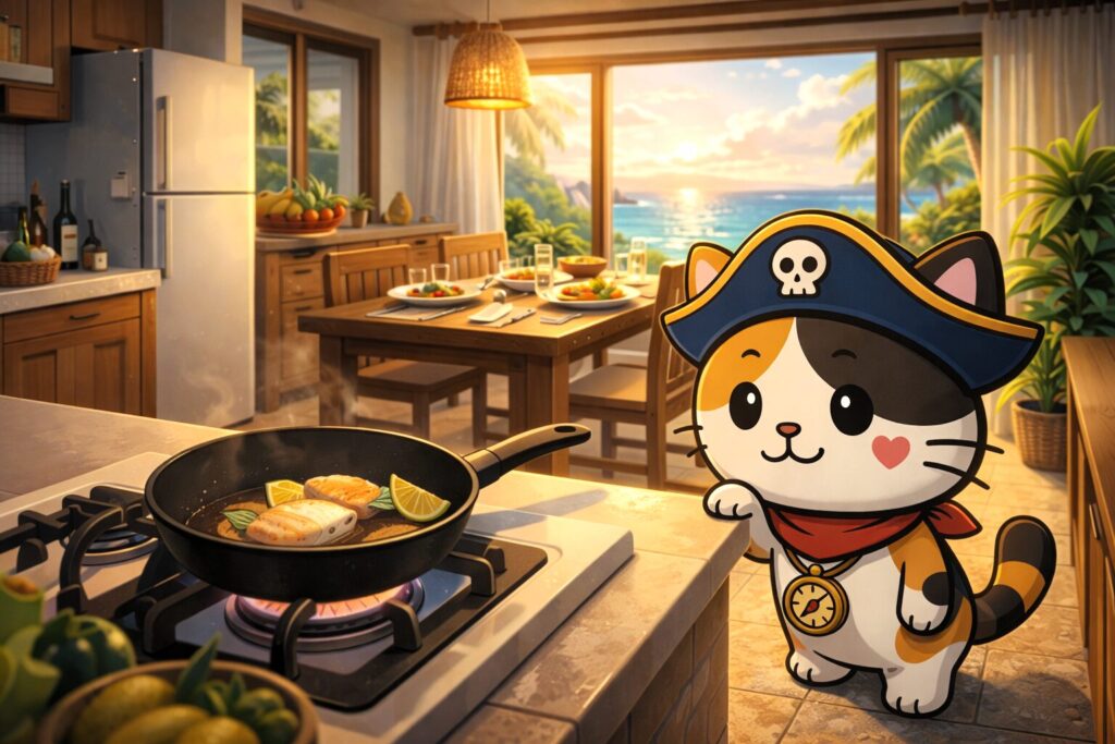 キッチンを確認するココロ船長