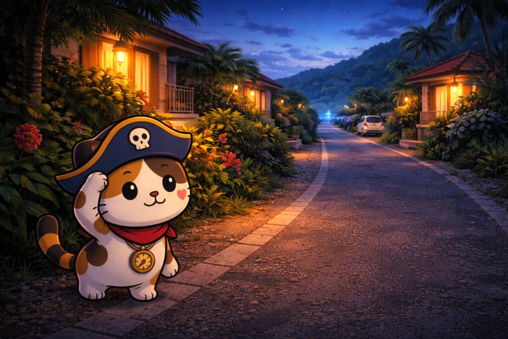 夕暮れの立地を確かめるココロ船長