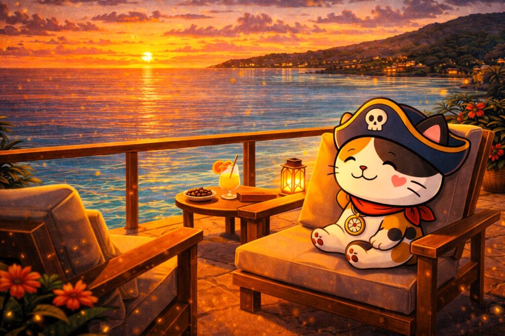 夕景のテラスでくつろぐココロ船長