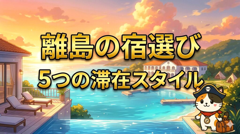 島の宿泊先を見比べるように景色を眺めているココロ船長のサムネイル画像