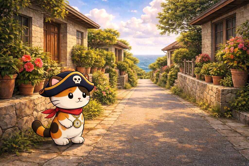 集落の道を見るココロ船長