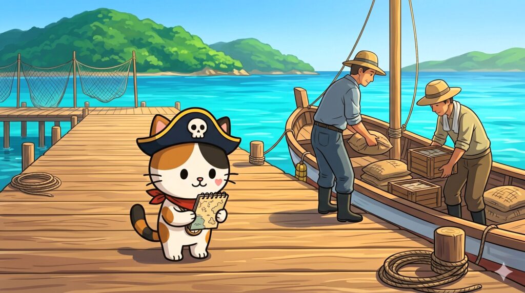 港でメモ帳を確認しながら物流を見守るココロ船長