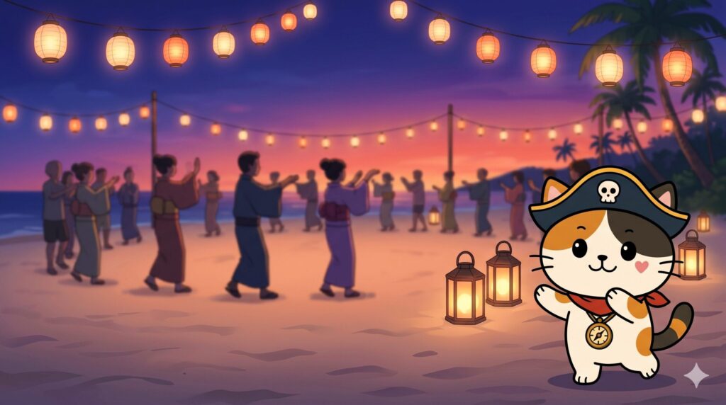 盆踊りの輪のそばで踊りのポーズを真似するココロ船長