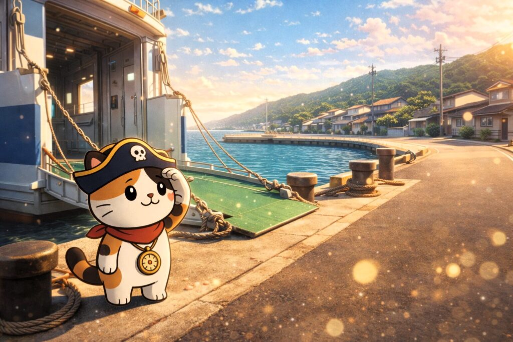 港で島を見つめるココロ船長