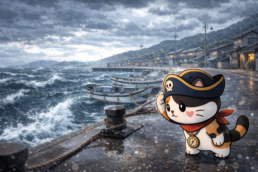 荒天の港を確認するココロ船長