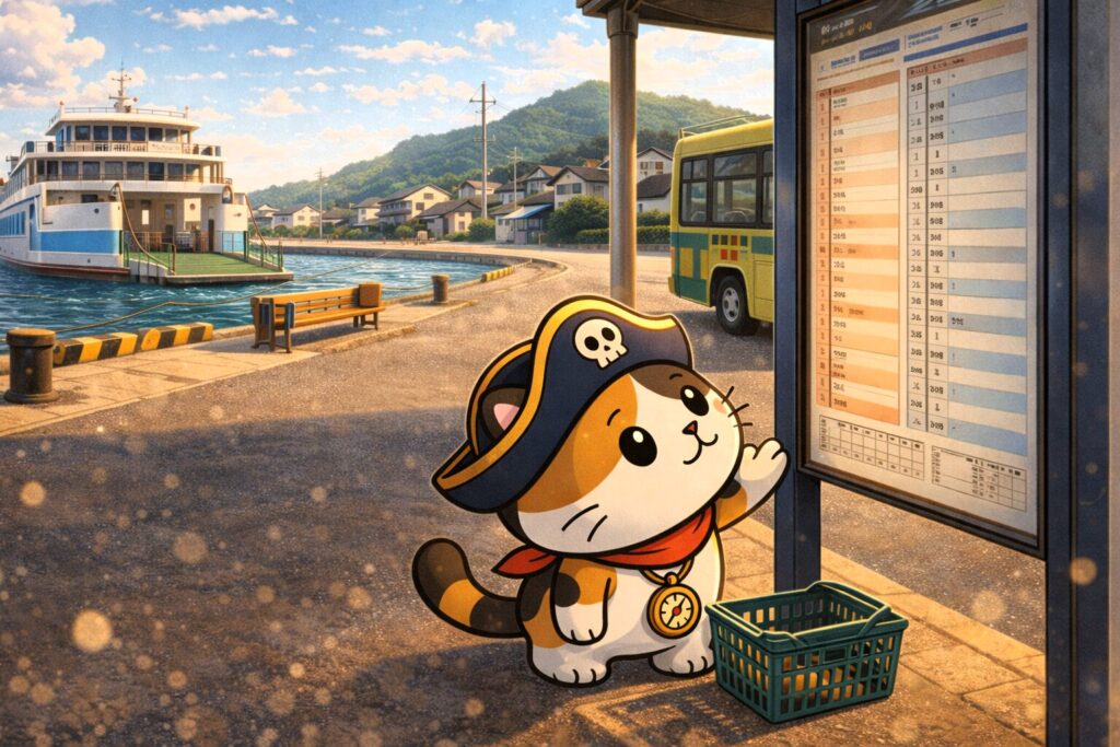 港と移動手段を見るココロ船長