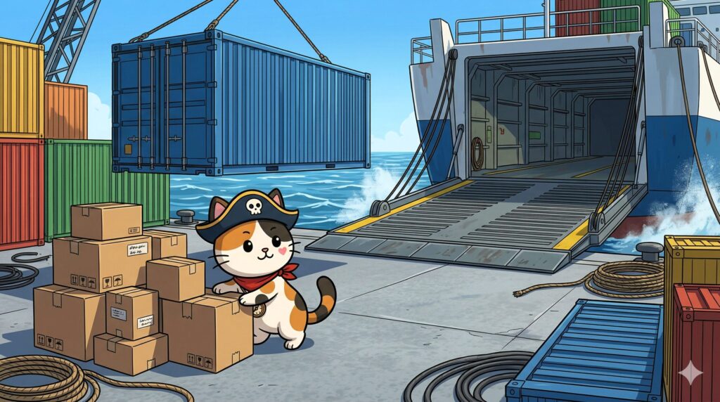 港で荷物を確認するココロ船長