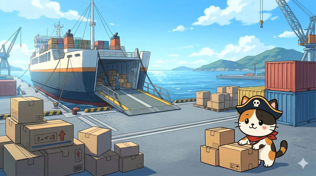 港で荷物を見るココロ船長