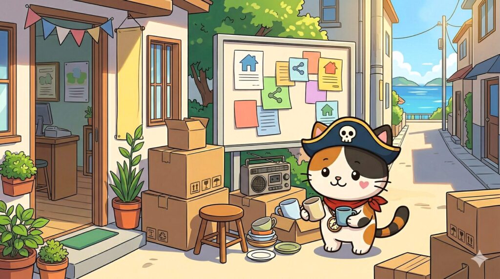 掲示板で掘り出し物を見るココロ船長