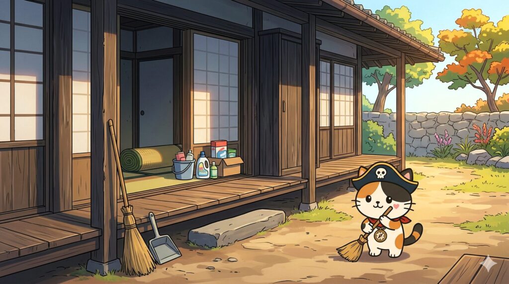 家の前を掃くココロ船長