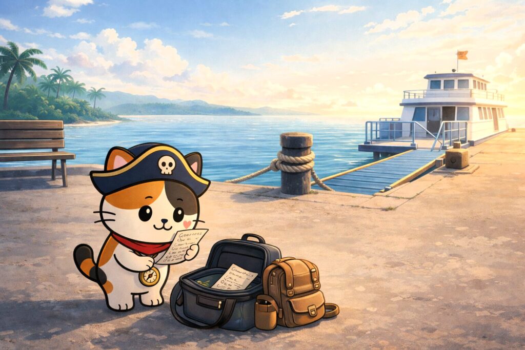 港で出発前確認をするココロ船長