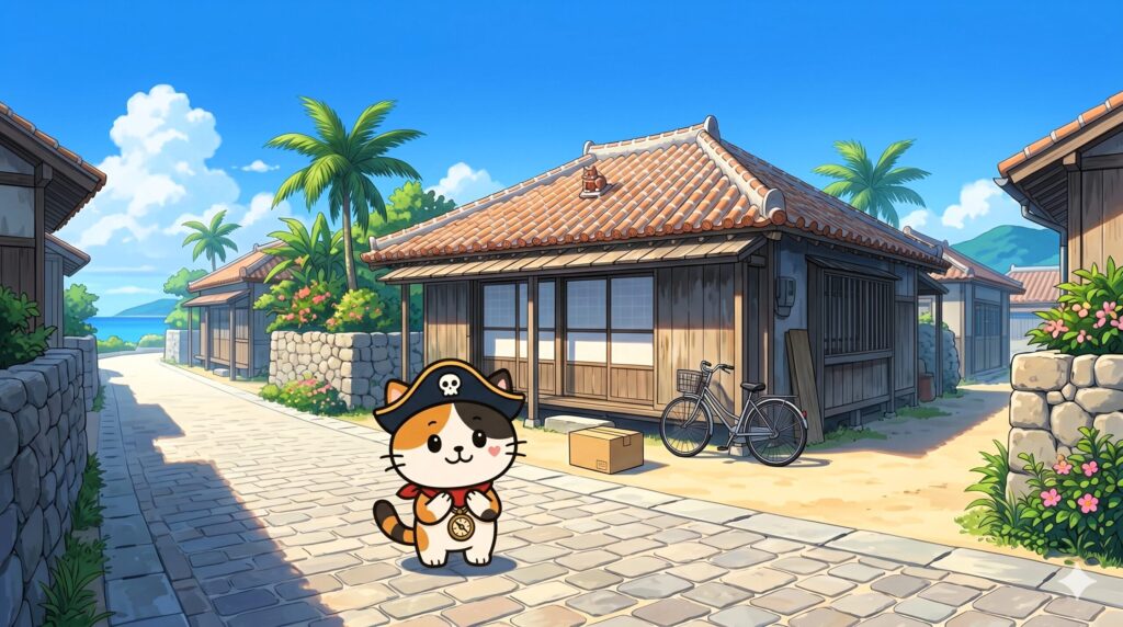 青空の下、届いた荷物を嬉しそうに見つめるココロ船長