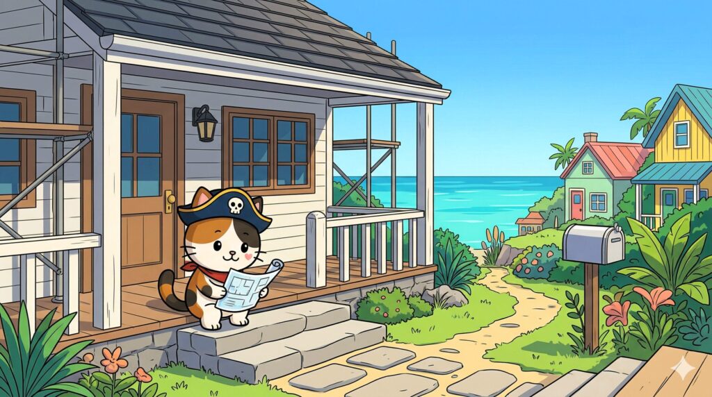 家の前で資料を見るココロ船長