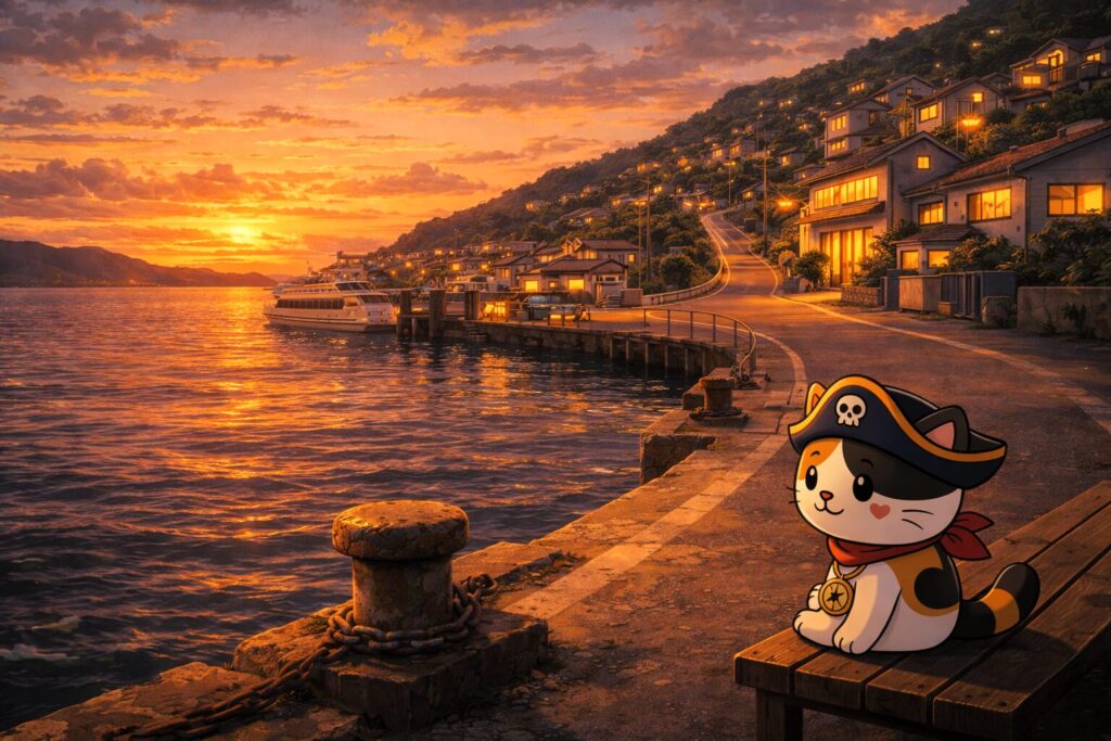 夕景を見るココロ船長