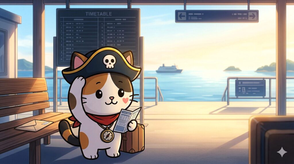 時刻表を見るココロ船長