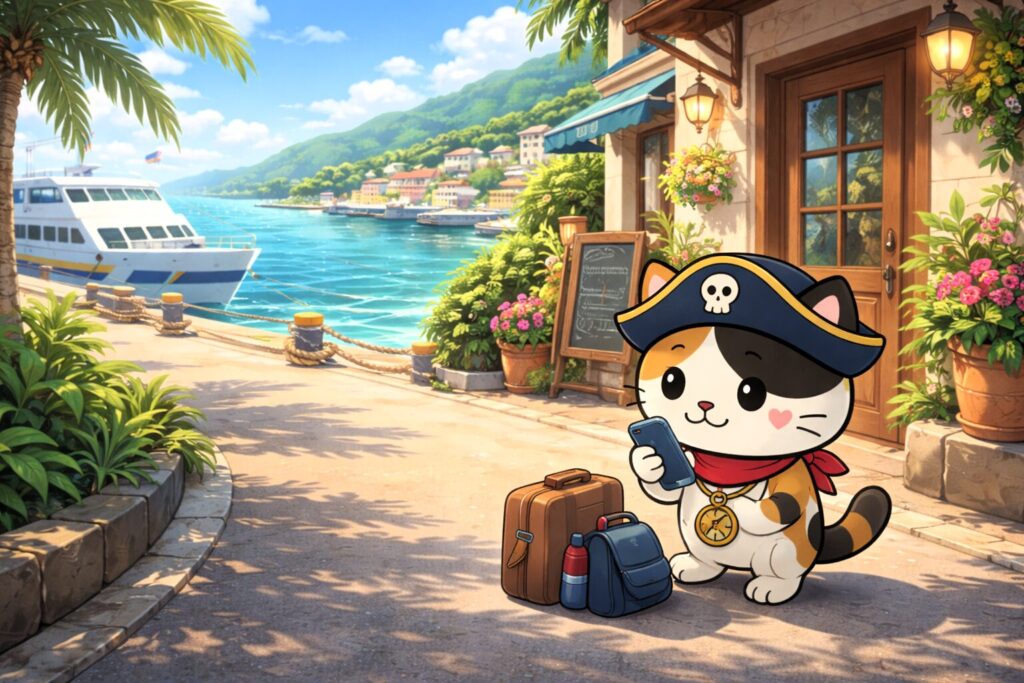 港と宿を見比べるココロ船長