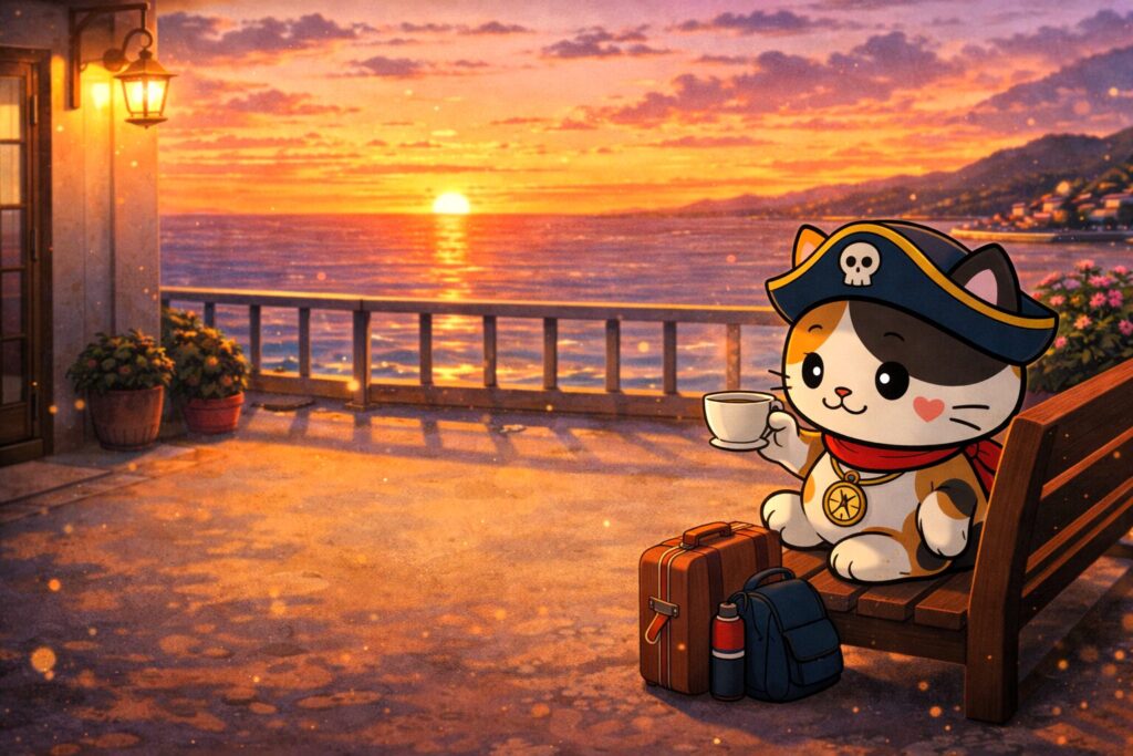 夕景を楽しむココロ船長