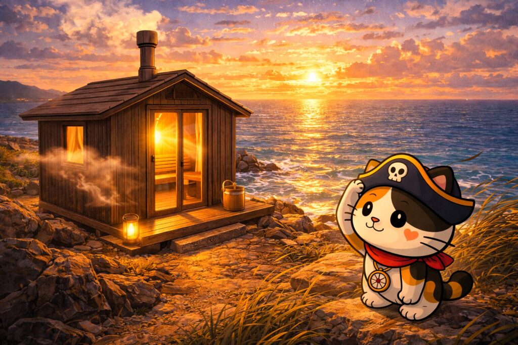 サウナ小屋の前のココロ船長