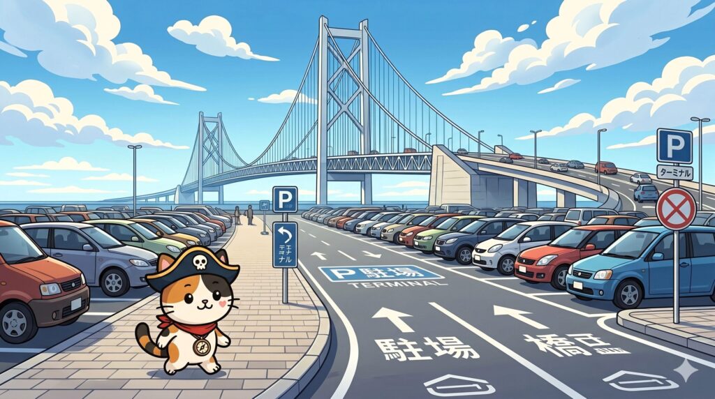駐車場付近を急ぎ足で移動しているココロ船長