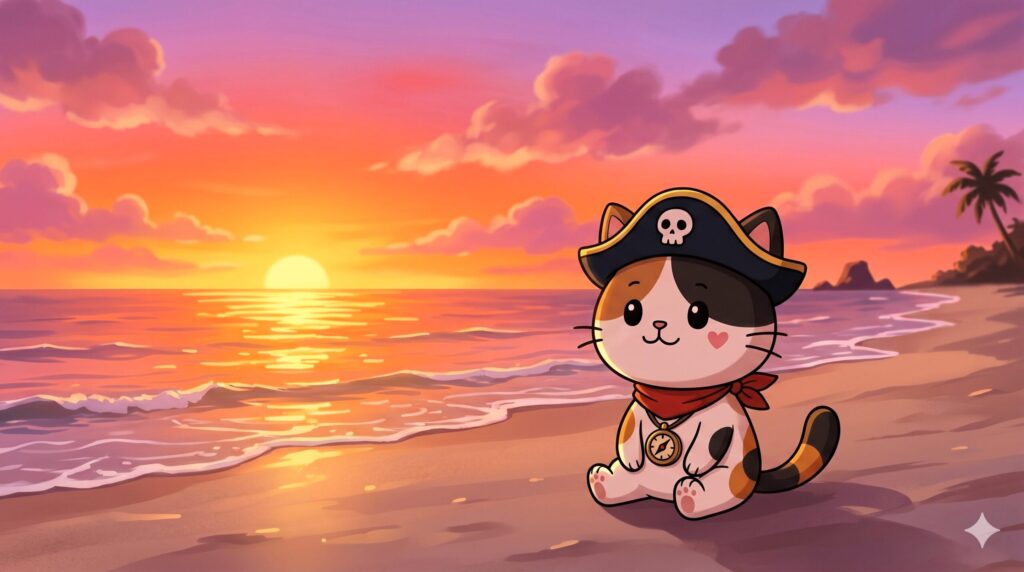 夕焼けの海を眺めながらくつろいでいるココロ船長