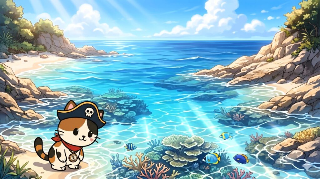 海をのぞき込んで透明度を観察しているココロ船長