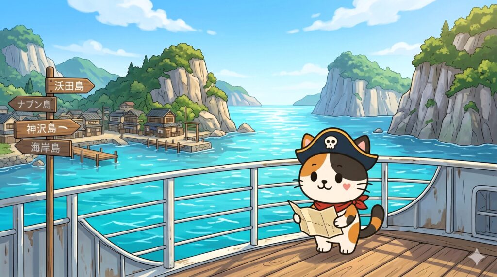 フェリー上で島の位置を見渡しているココロ船長