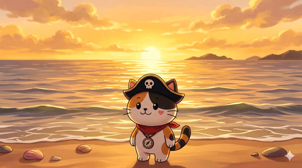 夕焼けの海を見つめているココロ船長