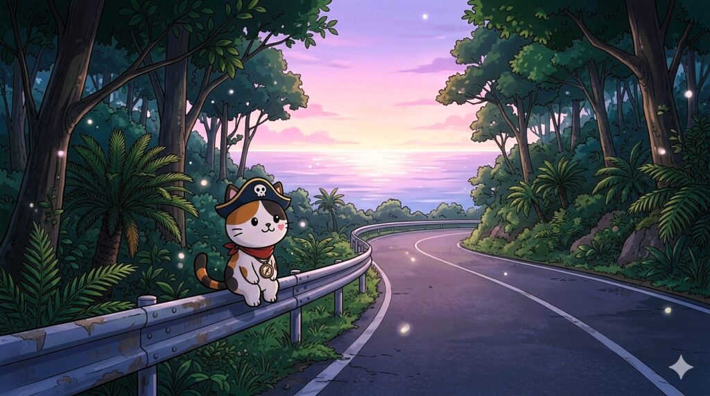 夜明けの島道で静かに景色を眺めているココロ船長