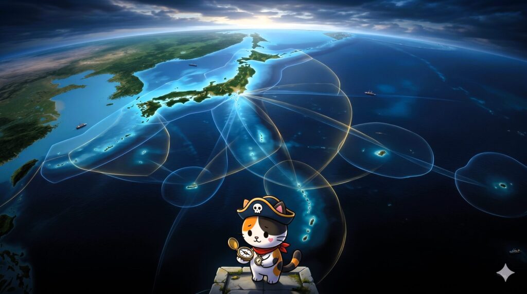 日本のEEZが広がる仕組みを示す海洋イメージ