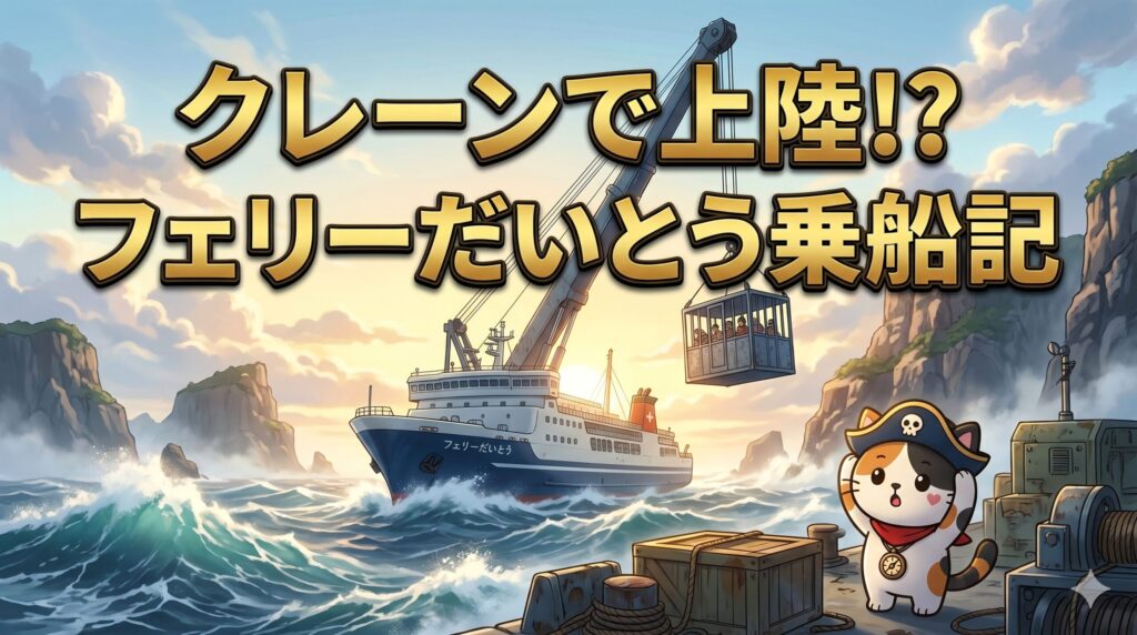 クレーン上陸を見上げながら帽子を押さえているココロ船長