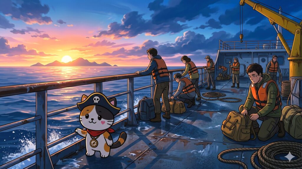 フェリーの手すりから大東島をのぞき込んでいるココロ船長