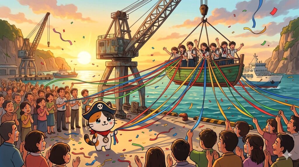 紙テープを持ちながら旅立ちを見送っているココロ船長