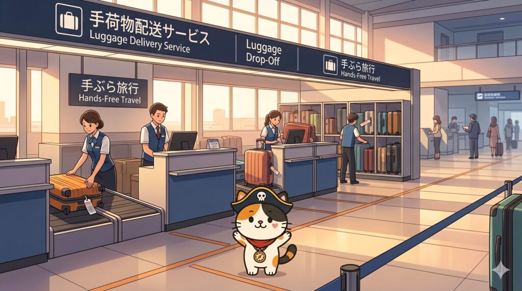 荷物を預けて身軽になり伸びをしているココロ船長