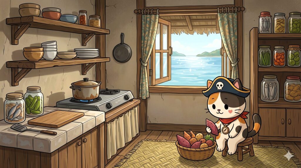 食材を確認しながら考えているココロ船長