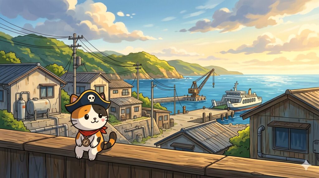 離島の景色を見ながら座っているココロ船長