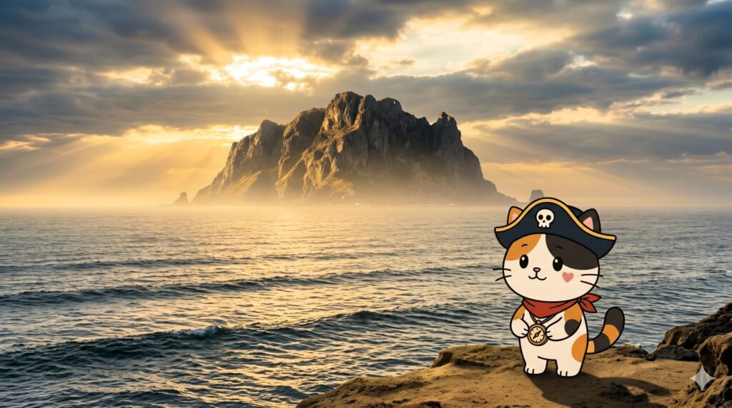 沖ノ島を遠くから見つめているココロ船長