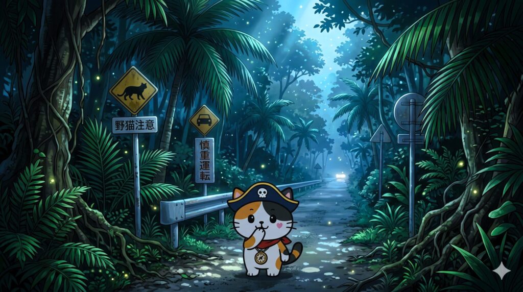 静かに夜道を歩いているココロ船長