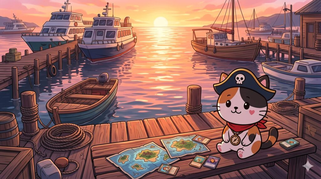 夕暮れの港で集めたカードを眺めているココロ船長