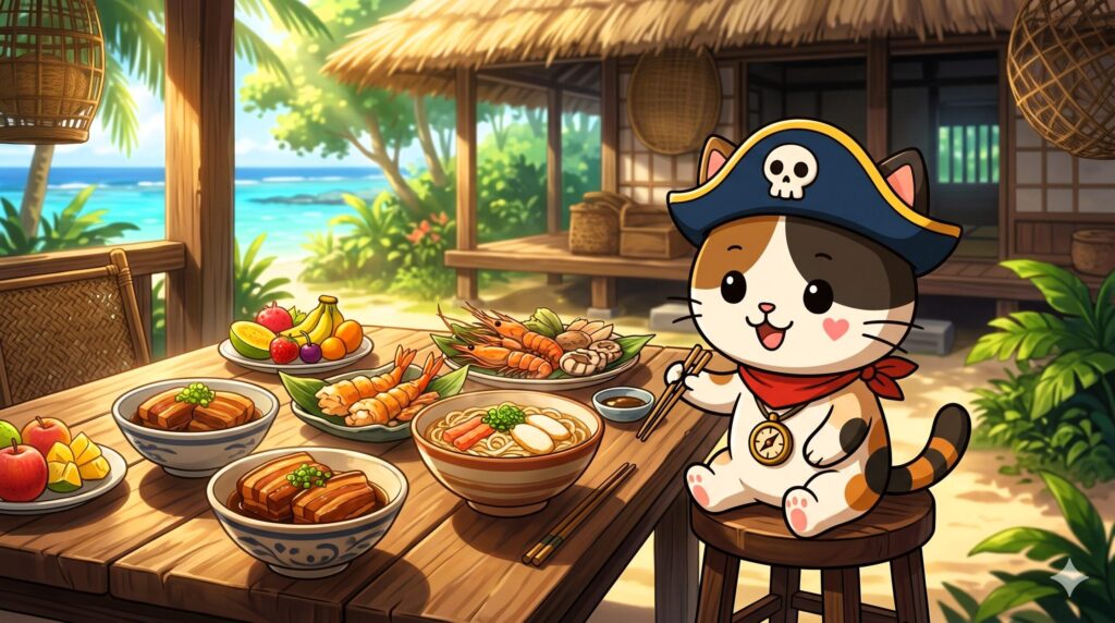 島料理を前に座って食べようとしているココロ船長
