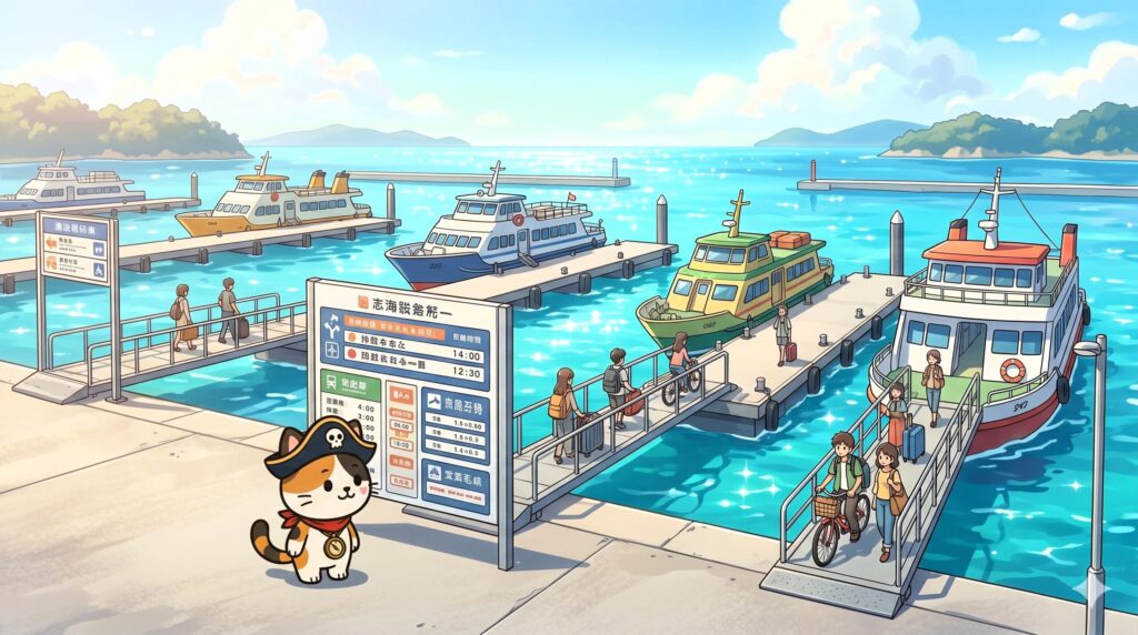 港でフェリーの行き先を確認しているココロ船長