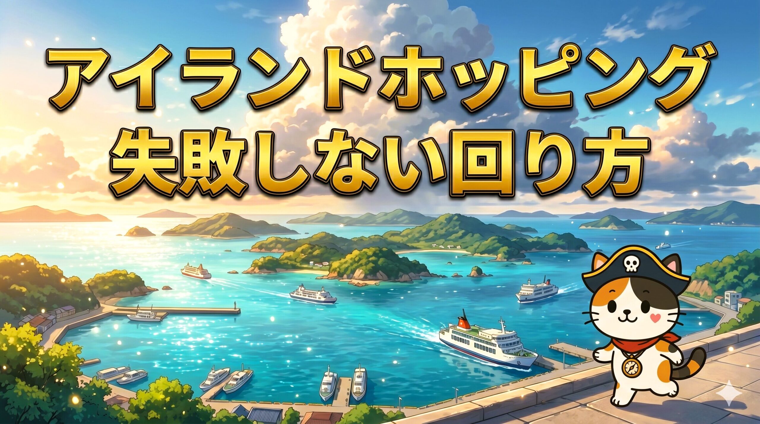 島を巡る港で走りながらフェリーを見ているココロ船長