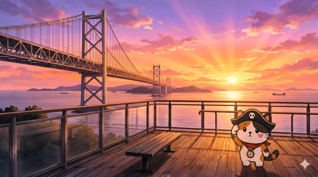 夕焼けの海を見ながら帽子を押さえているココロ船長
