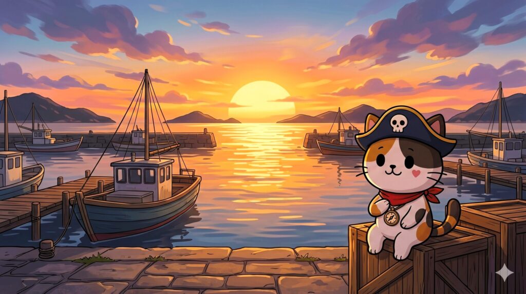 夕焼けを見ながら余韻に浸るココロ船長